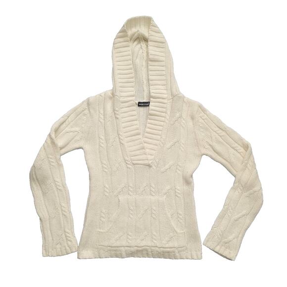 Y2K Wet Seal Chunky Cable Knit Hooded V-Neck Sweater Size S White Preppy Twee - Picture 1 of 7